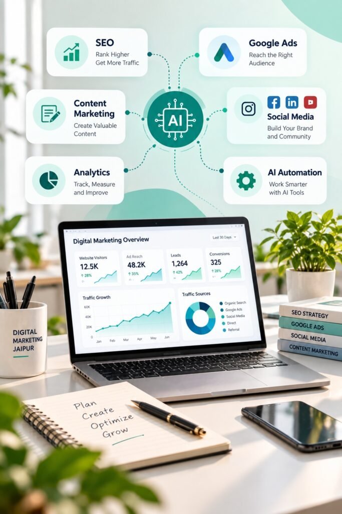 Digital marketing training in Jaipur covering SEO, Google Ads, social media, analytics and AI automation