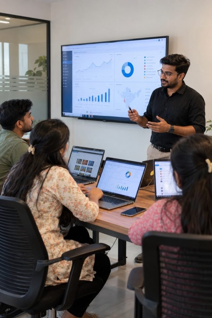 Digital marketing trainer in Jaipur teaching students in a classroom using analytics dashboards and laptops